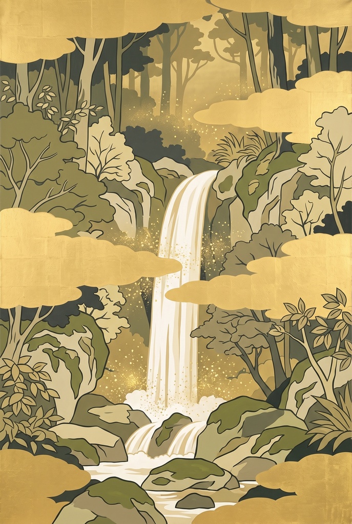 風水 八宅派の「生気」の方位|滝と森の絵1枚と解説のセット(A4相当の印刷用PDF+スマホ壁紙)(絵は AI 生成)