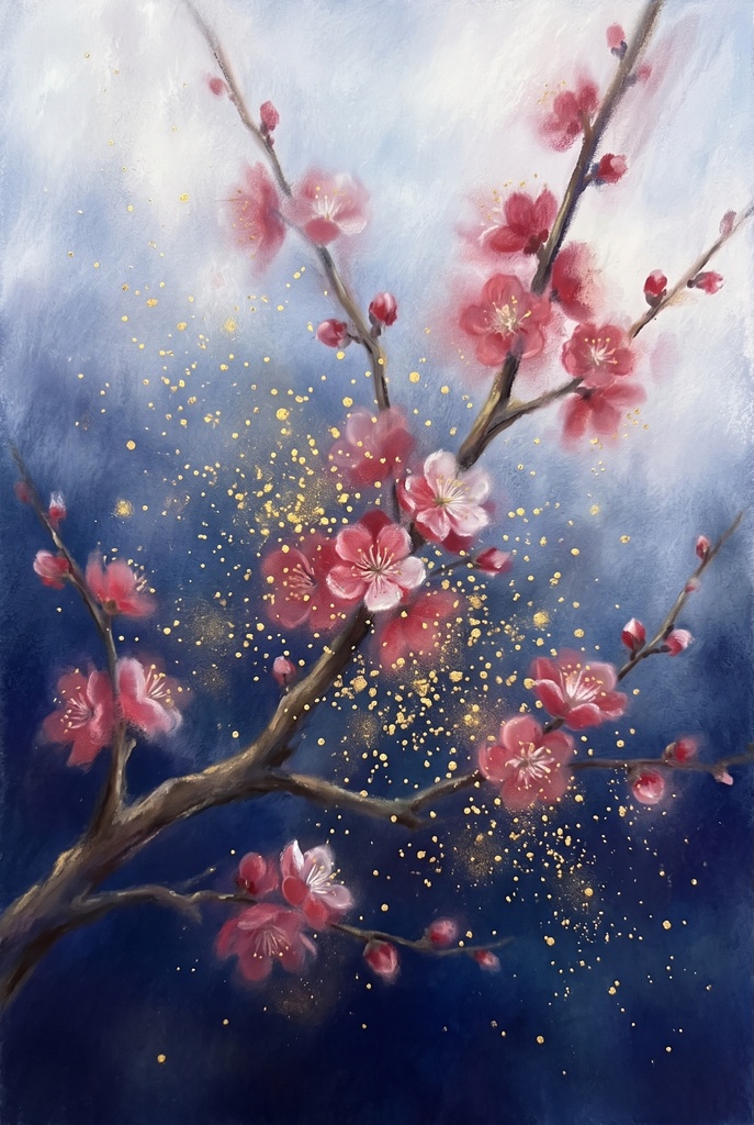 風水 八宅派の「延年」の方位|梅の枝の絵1枚と解説のセット(A4相当の印刷用PDF+スマホ壁紙)(絵は AI 生成)