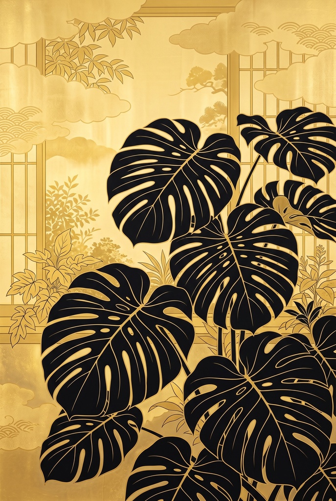 風水 八宅派の「伏位」の方位|モンステラの葉の絵1枚と解説のセット(A4相当の印刷用PDF+スマホ壁紙)(絵は AI 生成)