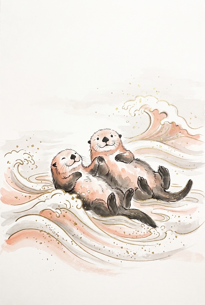風水 八宅派の「延年」の方位|寄り添うラッコ・パンダ・アルパカの絵6枚と解説のセット(A4・A3 相当の印刷用PDF+スマホ壁紙)(絵は AI 生成)