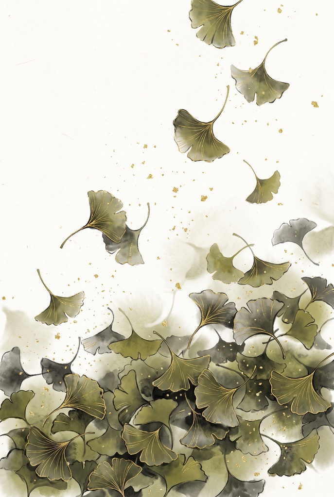 風水 八宅派の「伏位」の方位|銀杏・もみじ・雨粒の葉の絵6枚と解説のセット(A4・A3 相当の印刷用PDF+スマホ壁紙)(絵は AI 生成)