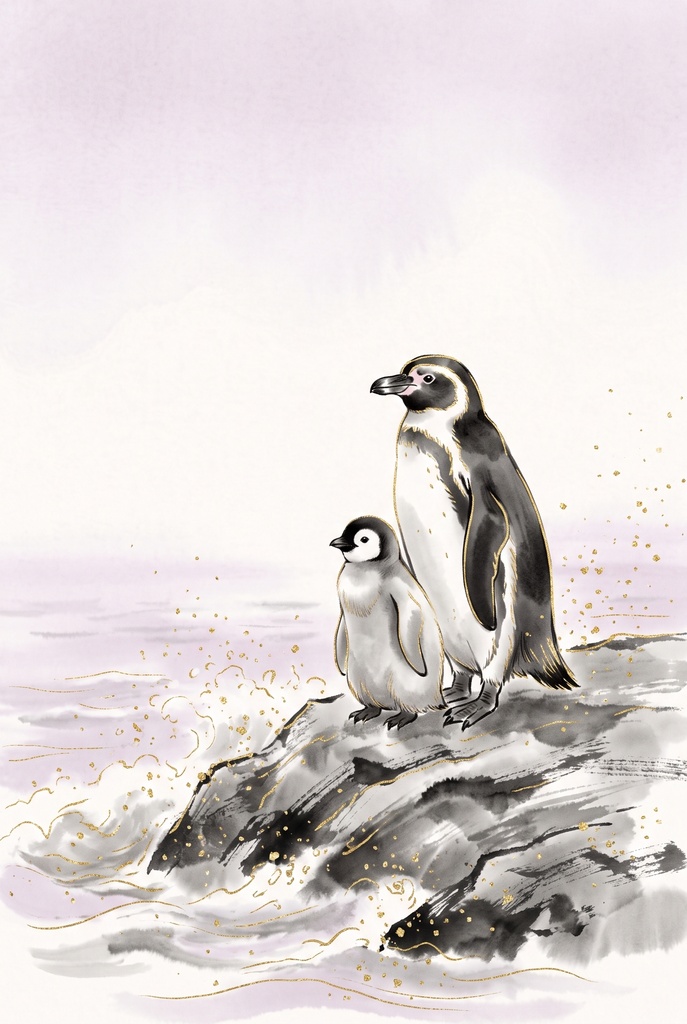 【スマホ壁紙】ペンギンの親子の絵|子ども部屋・リビング・冬(A4印刷用つき)(絵は AI 生成)