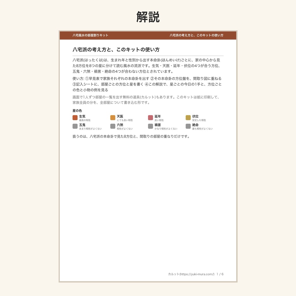 八宅風水の部屋割りキット|間取り図に重ねる方位盤・早見表・記入シート(PDF)(絵は AI 生成)