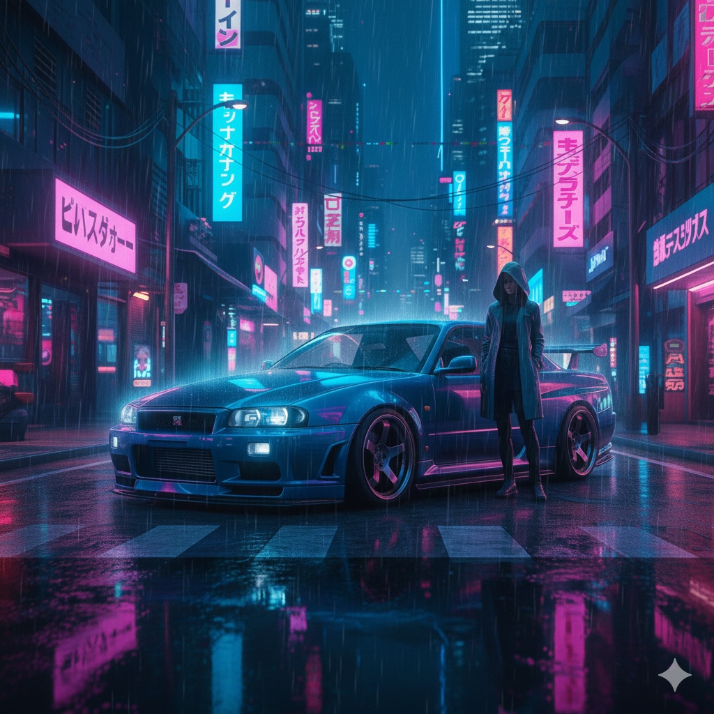 【スマホ壁紙】Cyberpunk SKYLINE GT-R R34 / Night City