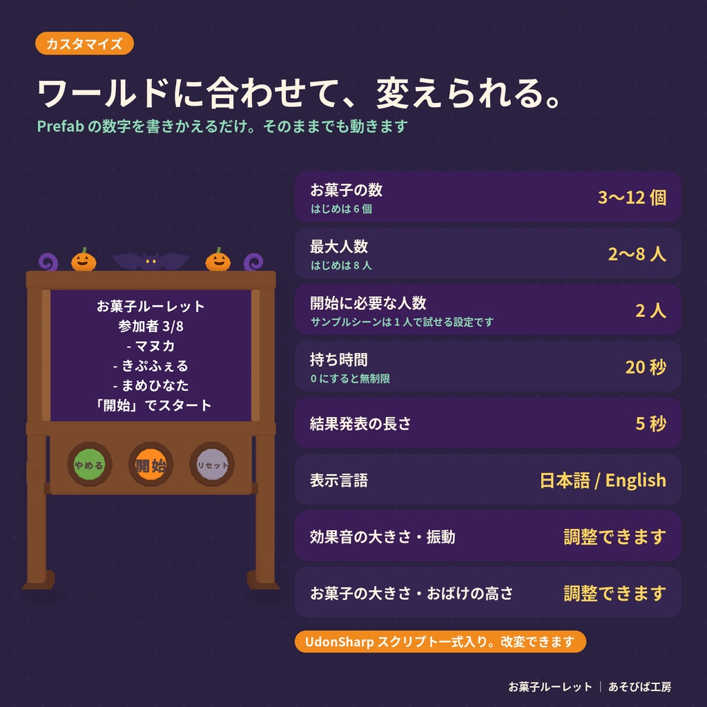 【VRChat ワールド用ギミック】お菓子ルーレット|ハズレを引くと、おばけが頭に乗る・2〜8人・Quest 3 動作確認