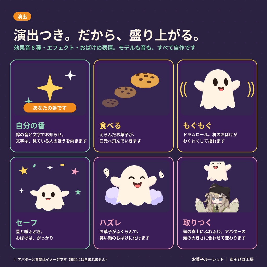 【VRChat ワールド用ギミック】お菓子ルーレット|ハズレを引くと、おばけが頭に乗る・2〜8人・Quest 3 動作確認