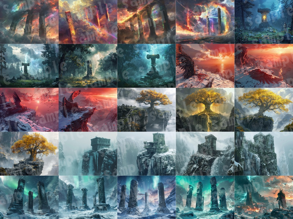 ❄️【北欧神話風背景素材パック|幻想×神話×氷と神殿】91枚セット