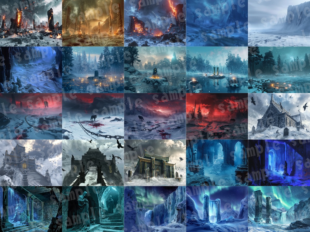 ❄️【北欧神話風背景素材パック|幻想×神話×氷と神殿】91枚セット