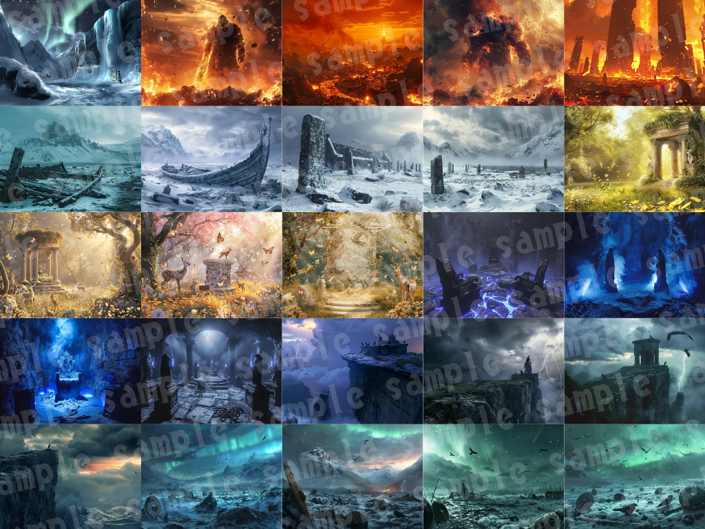 ❄️【北欧神話風背景素材パック|幻想×神話×氷と神殿】91枚セット