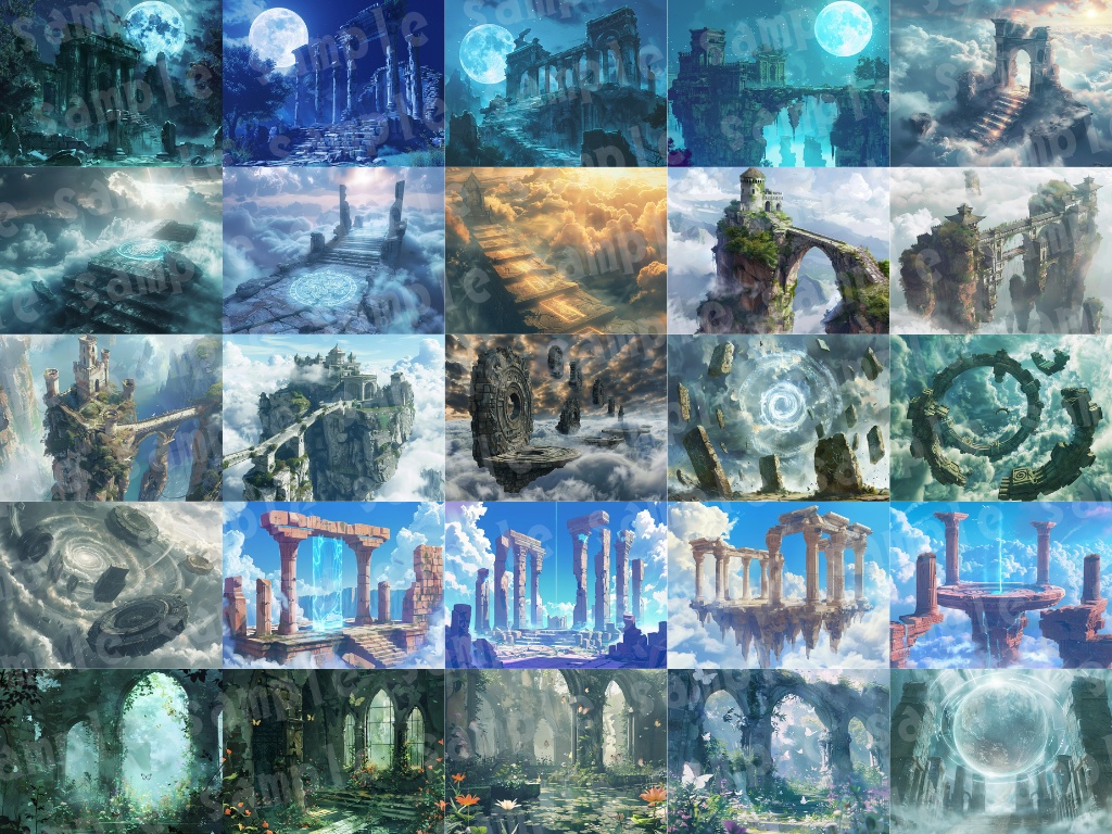 🕍【空中遺跡背景素材パック|幻想×浮遊島×ファンタジー】40枚セット