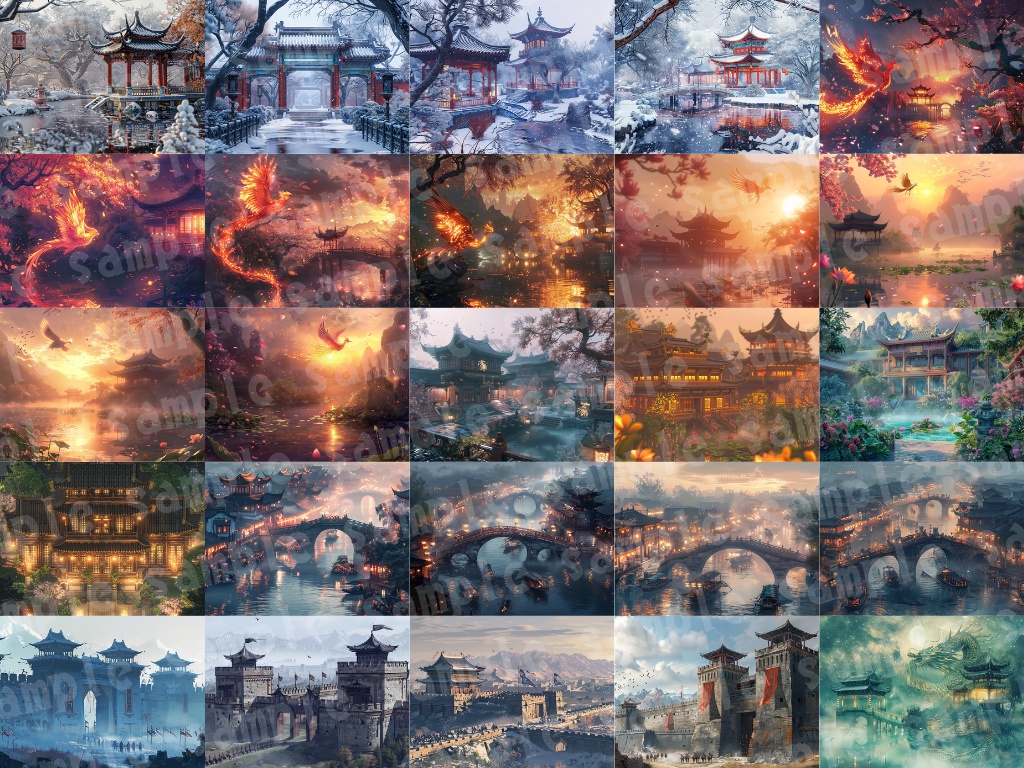 🀄【中華幻想背景素材パック|霊獣×古代宮殿×ファンタジー】80枚セット