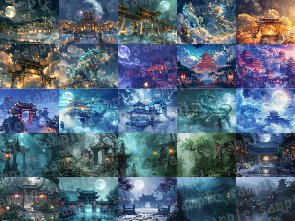 🀄【中華幻想背景素材パック|霊獣×古代宮殿×ファンタジー】80枚セット