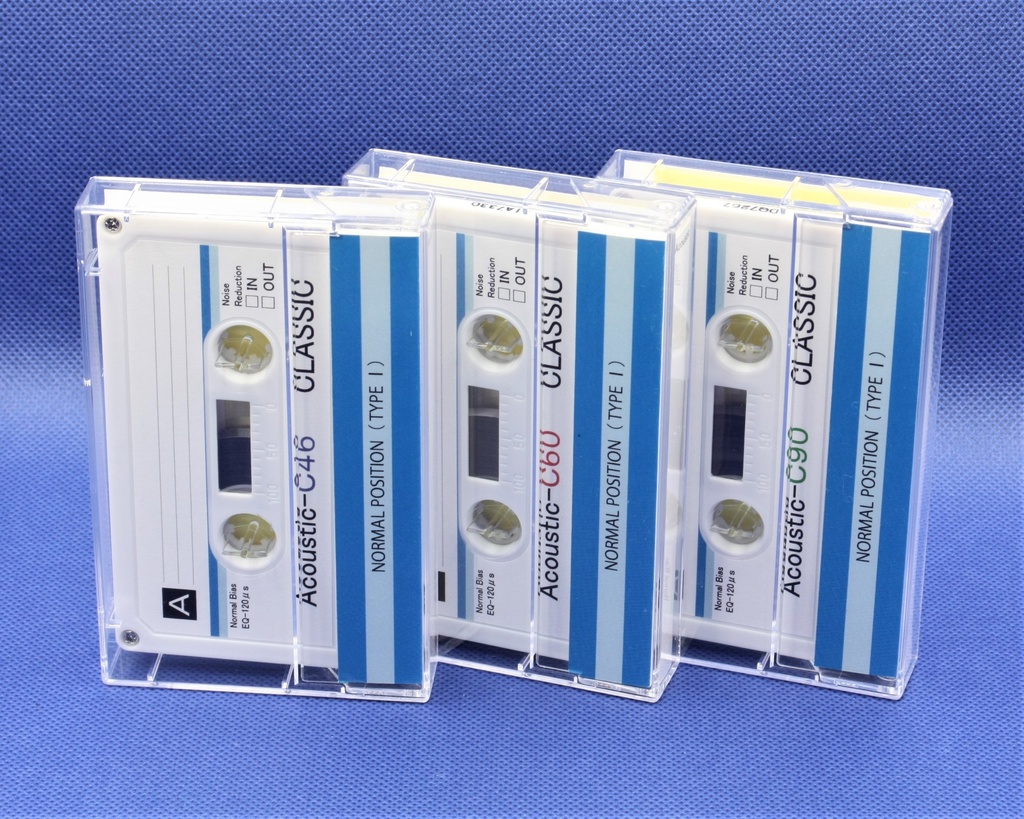 C90・Acoustic<白ハーフ+青ストライプ>レトロ調デザインのカセットテープ