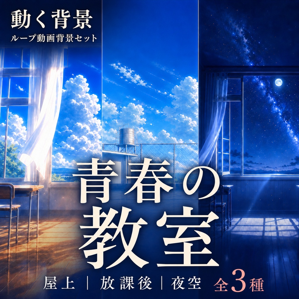 【VTuber向け動く背景】「青春の教室」～動くループ動画背景セット（屋上・放課後・星空）～