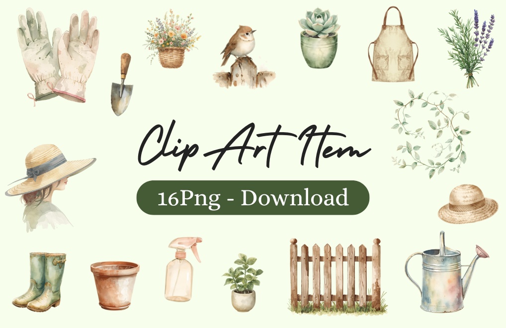 水彩ガーデニングクリップアートセット01(16点)– Watercolor Gardening Clipart