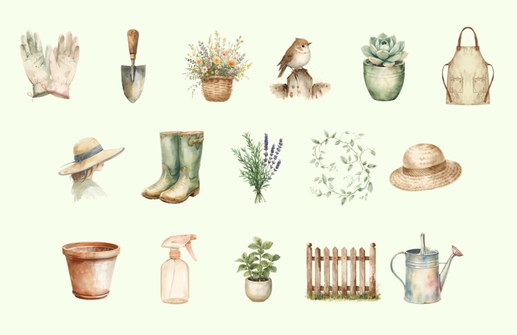 水彩ガーデニングクリップアートセット01(16点)– Watercolor Gardening Clipart