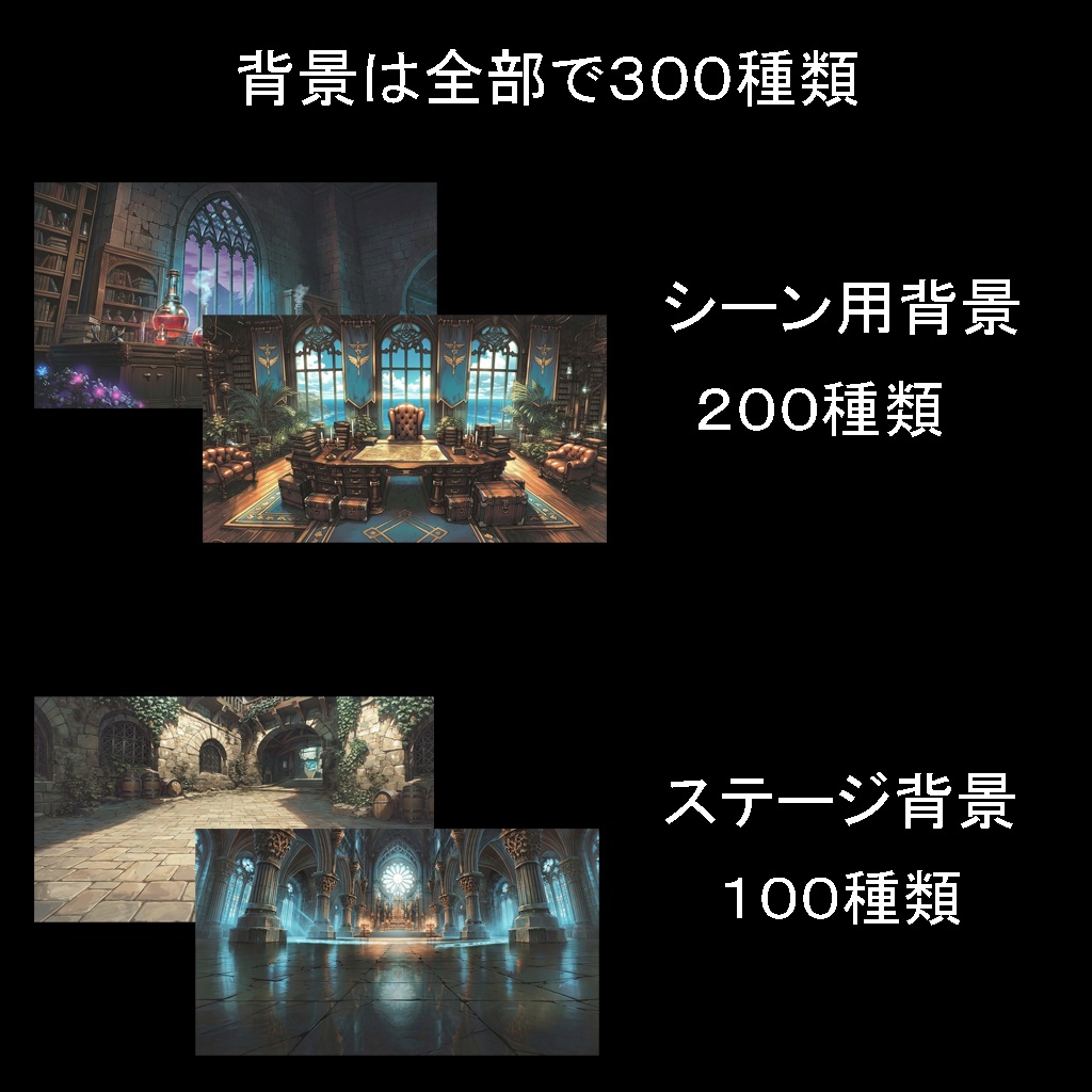 【300枚】RPGファンタジー背景素材集:汎用200枚+キャラ配置可能背景100枚