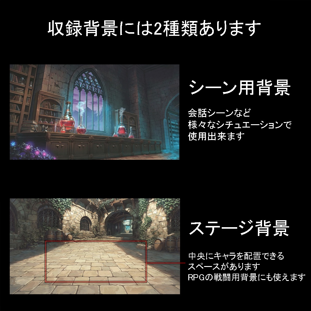 【300枚】RPGファンタジー背景素材集:汎用200枚+キャラ配置可能背景100枚