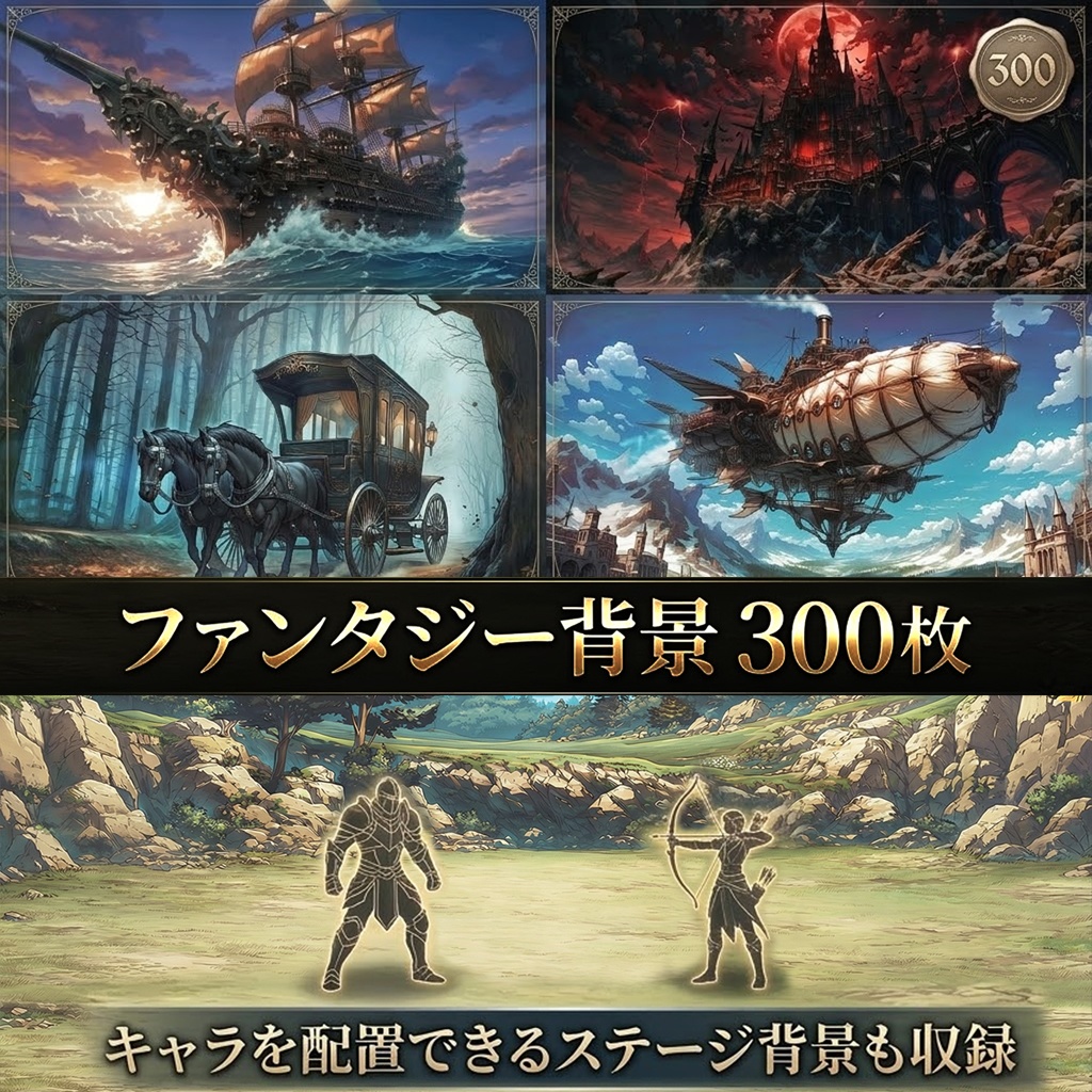 【300枚】RPGファンタジー背景素材集：汎用200枚＋キャラ配置可能背景100枚