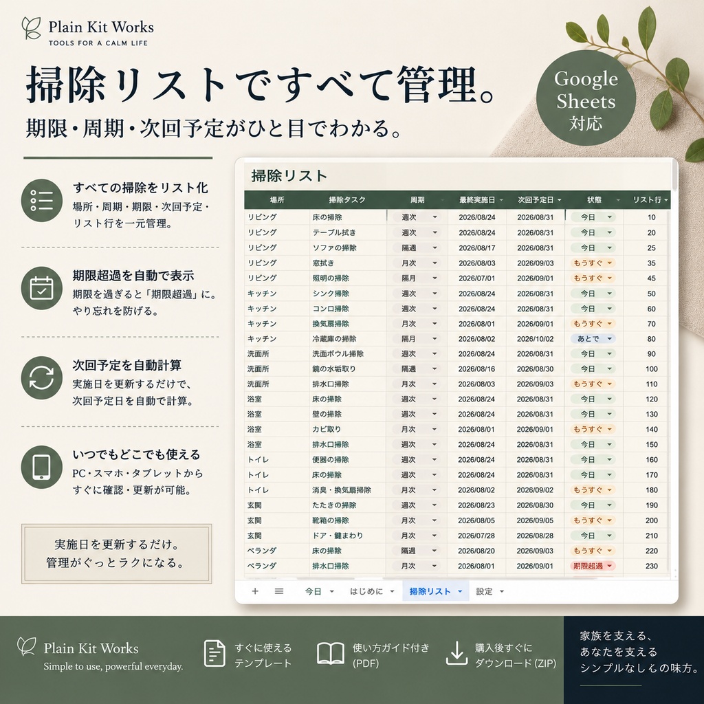 次にやる掃除がわかる|自動計算 家事・掃除管理シート