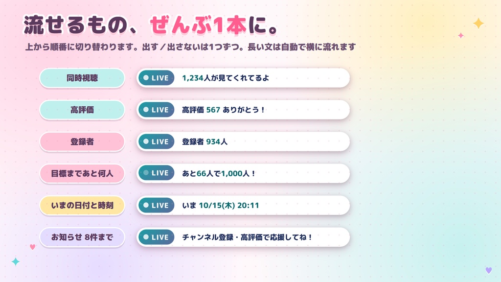 【リリース開始セール中!!~10/22まで】LIVEお知らせバー|配信画面に同接・高評価・お知らせを流せる【わんコメ・OBS/無料版あり】