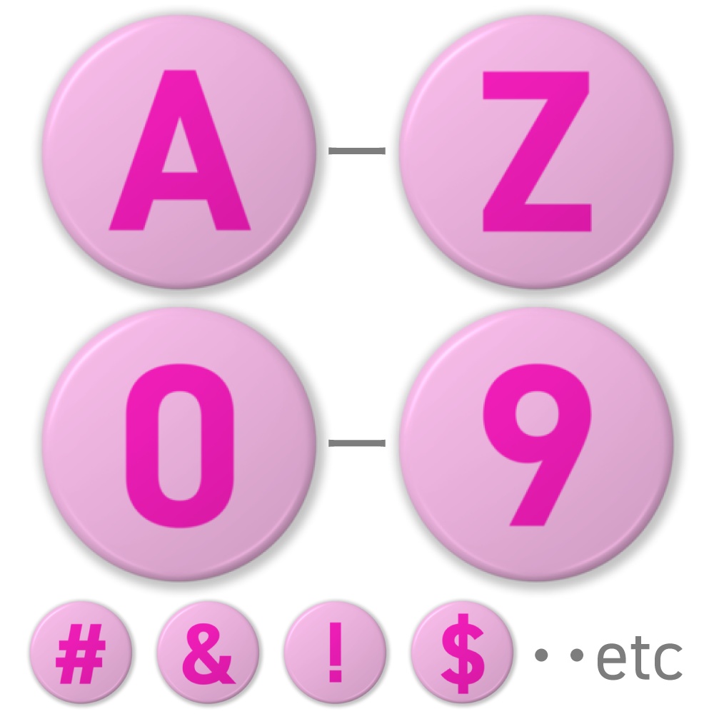 【A〜Z】【0〜9】（ピンク）　大文字アルファベット・数字・記号の缶バッジ- 32mm