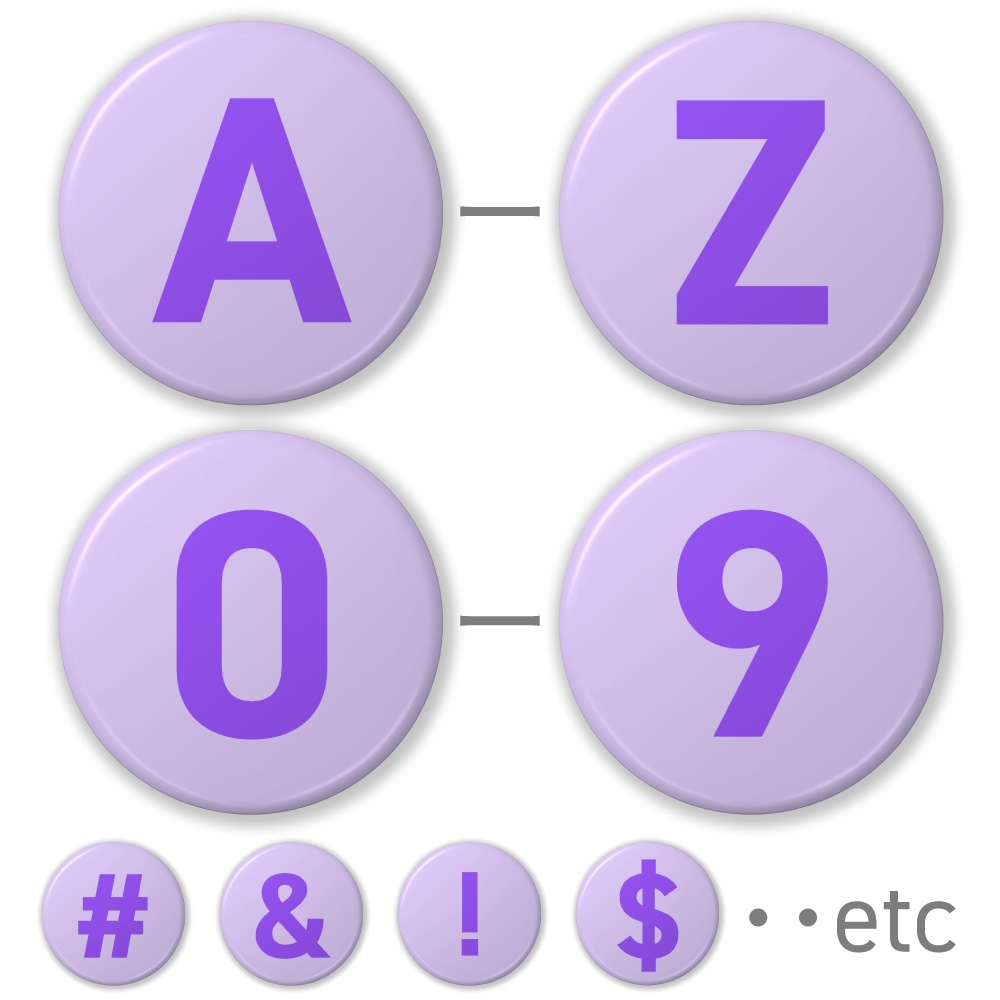 【A〜Z】【0〜9】〈パープル〉 大文字アルファベット・数字・記号の缶バッジ- 32mm