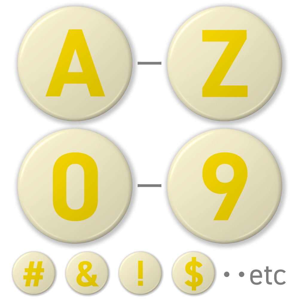 【A〜Z】【0〜9】(イエロー) 大文字アルファベット・数字・記号の缶バッジ- 32mm