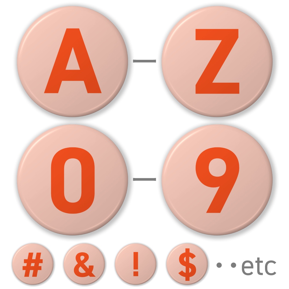 【A〜Z】【0〜9】(オレンジ) 大文字アルファベット・数字・記号の缶バッジ- 32mm