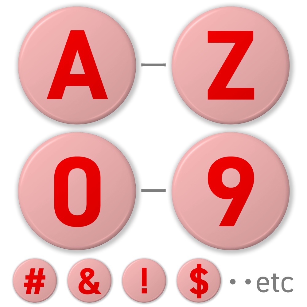 【A〜Z】【0〜9】(レッド) 大文字アルファベット・数字・記号の缶バッジ- 32mm