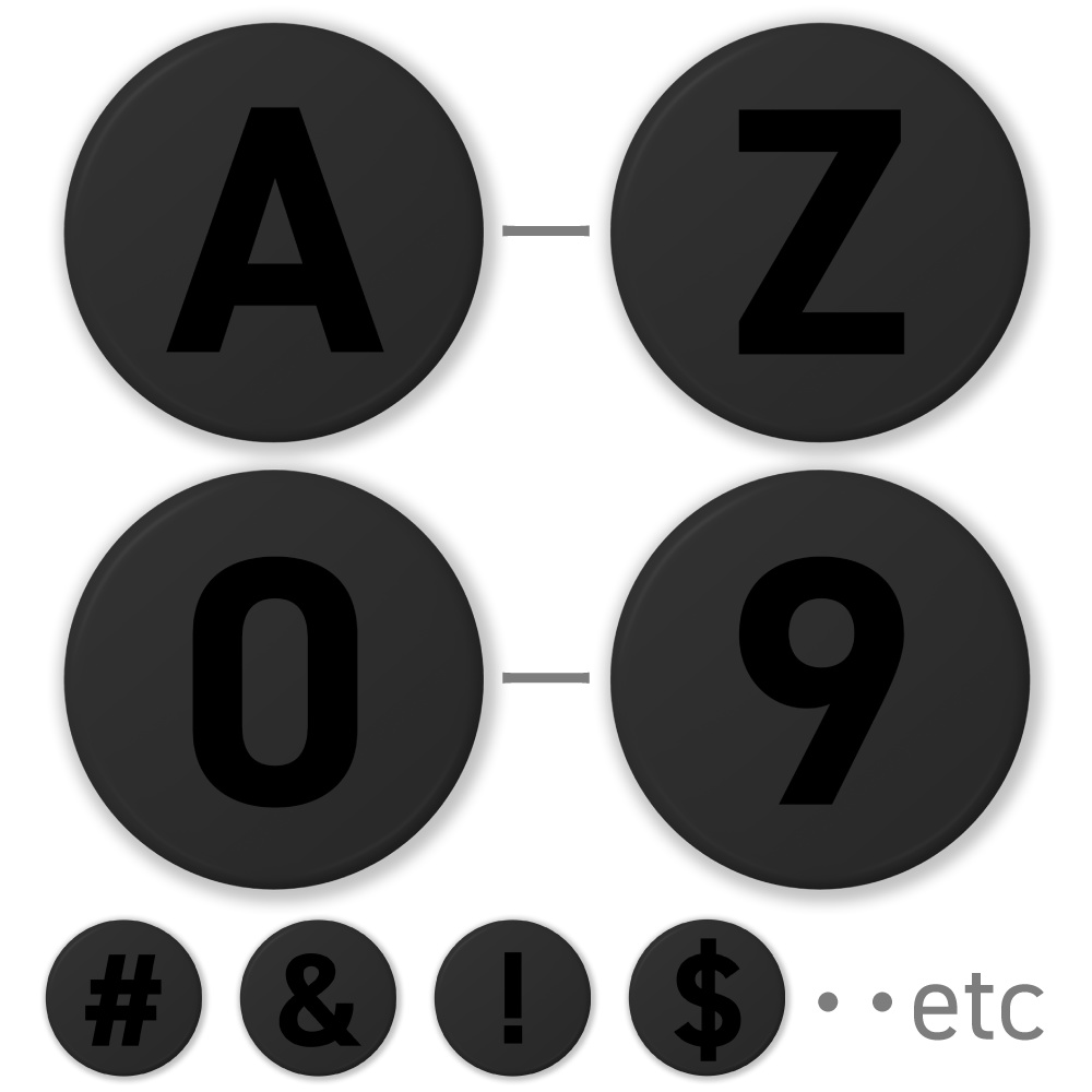 【A〜Z】【0〜9】(ブラック) 大文字アルファベット・数字・記号の缶バッジ- 32mm