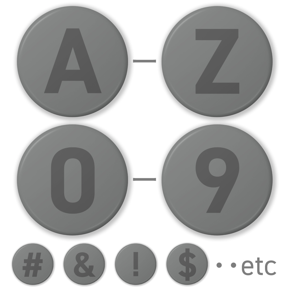 【A〜Z】【0〜9】(グレー) 大文字アルファベット・数字・記号の缶バッジ- 32mm