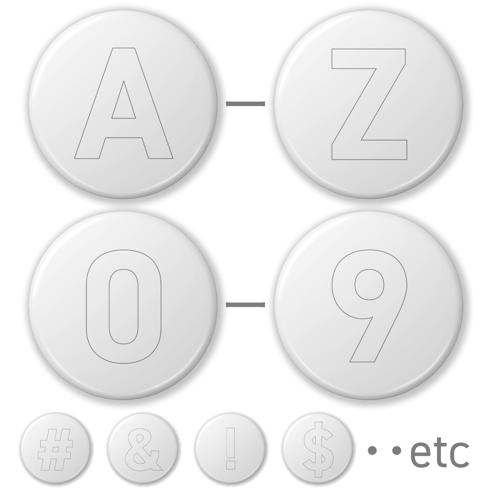 【A〜Z】【0〜9】(ホワイト) 大文字アルファベット・数字・記号の缶バッジ- 32mm