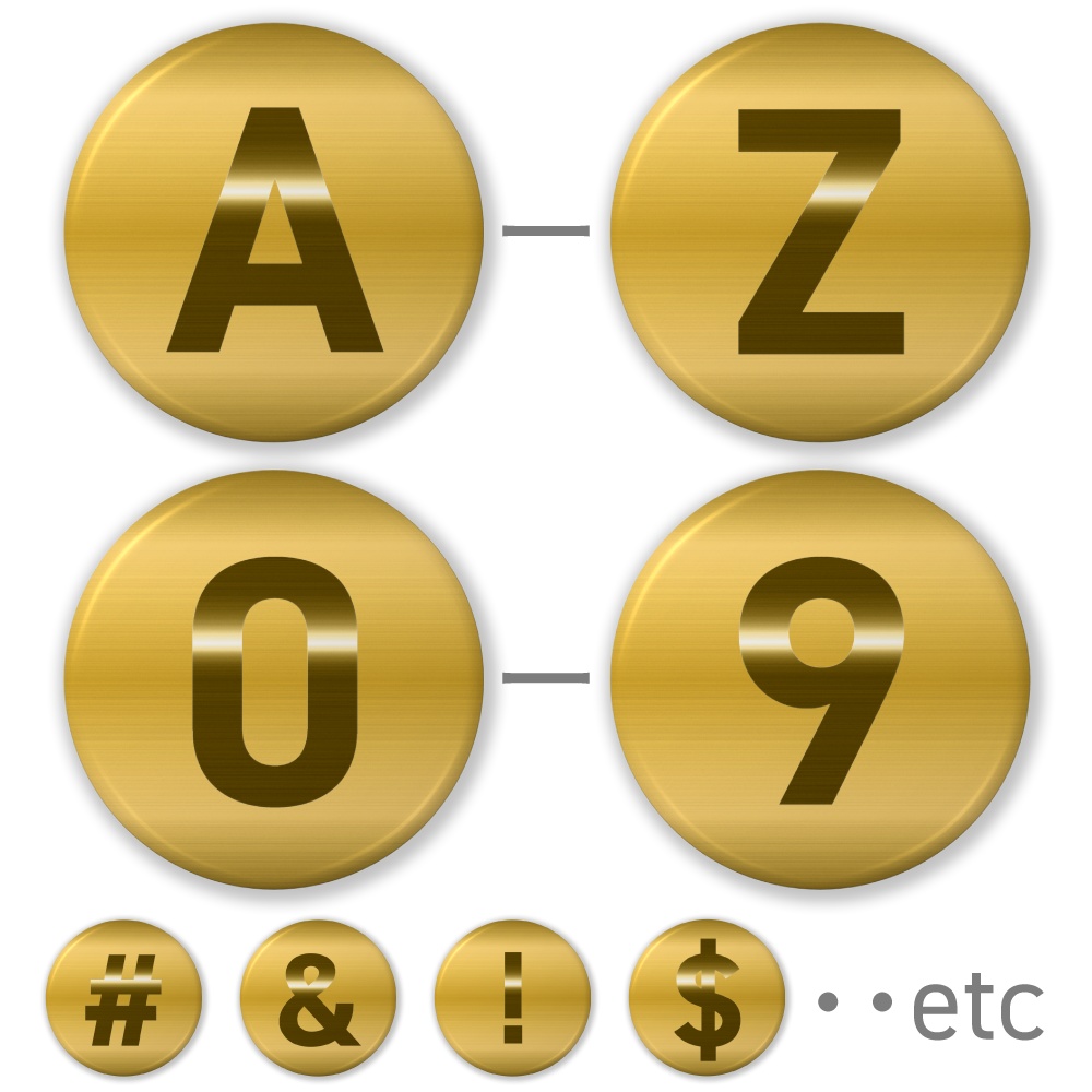 【A〜Z】【0〜9】(ゴールドグラフィック) 大文字アルファベット・数字・記号の缶バッジ- 32mm