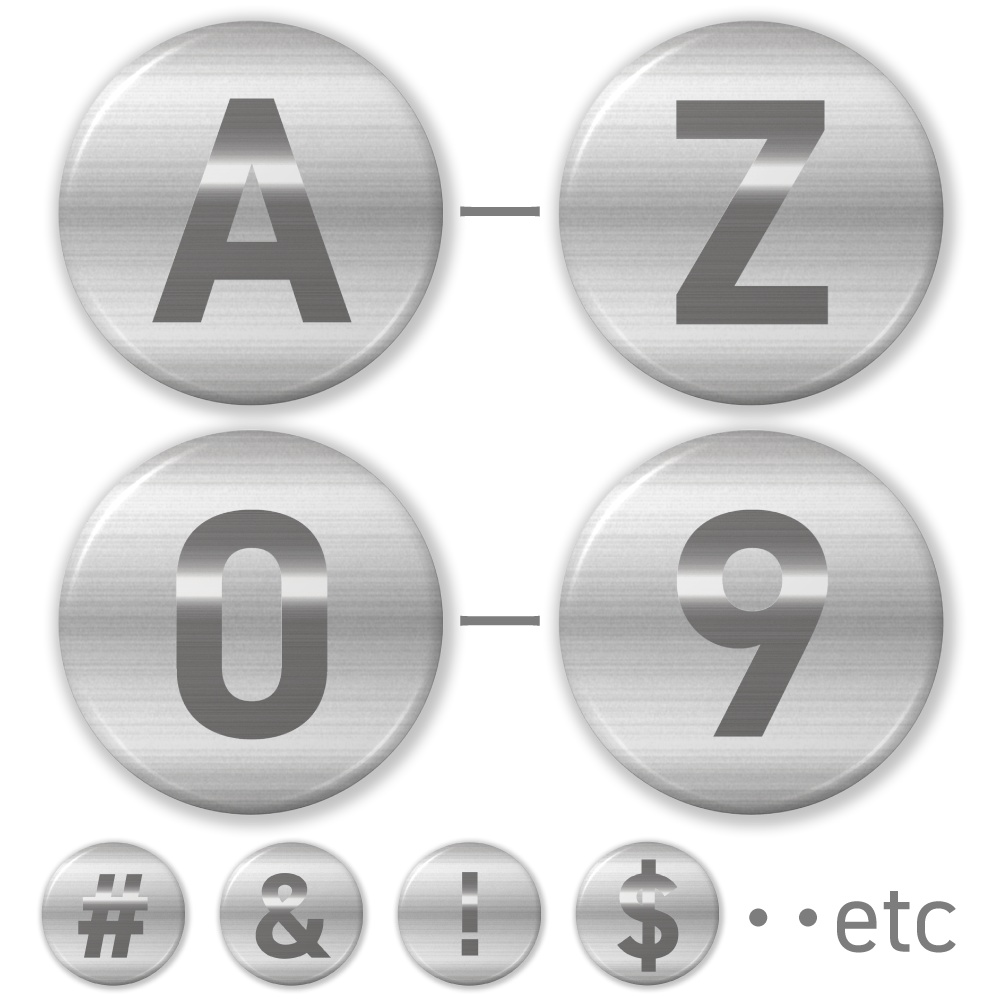 【A〜Z】【0〜9】（シルバーグラフィック）　大文字アルファベット・数字・記号の缶バッジ- 32mm