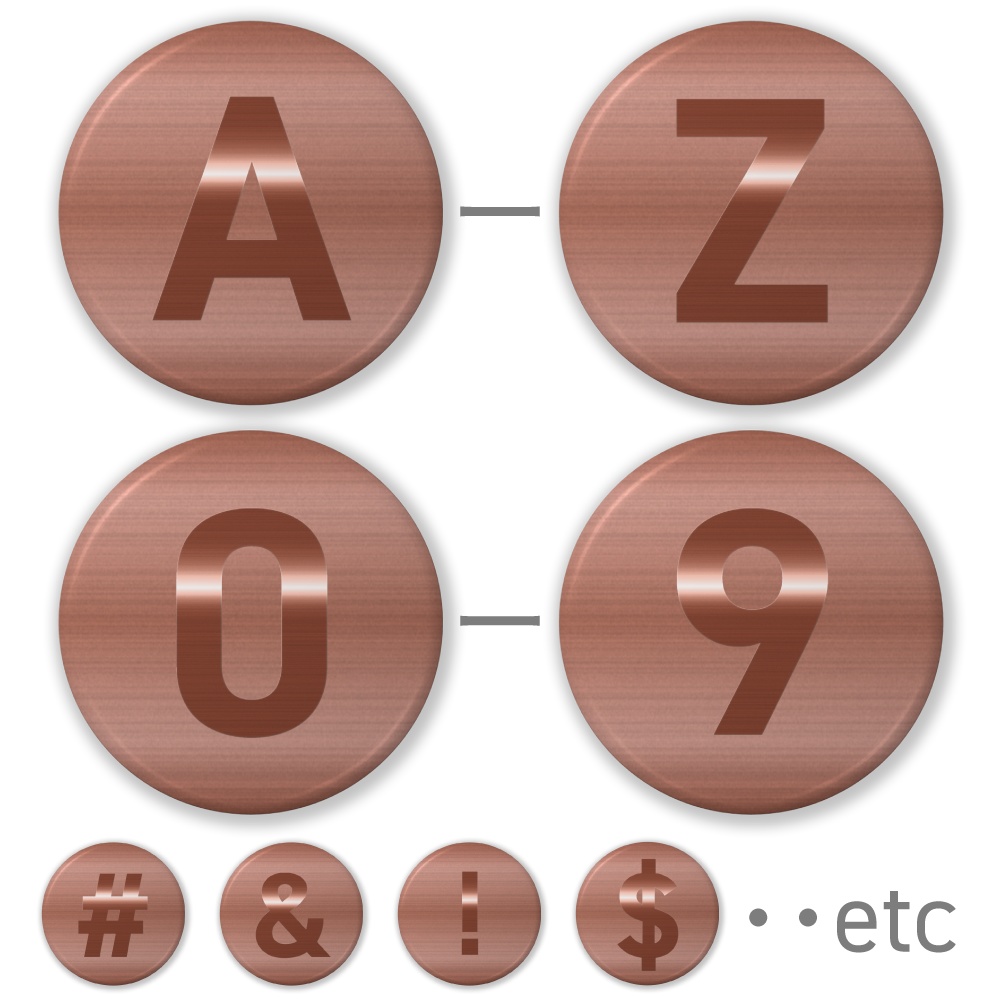 【A〜Z】【0〜9】(ブロンズグラフィック) 大文字アルファベット・数字・記号の缶バッジ- 32mm