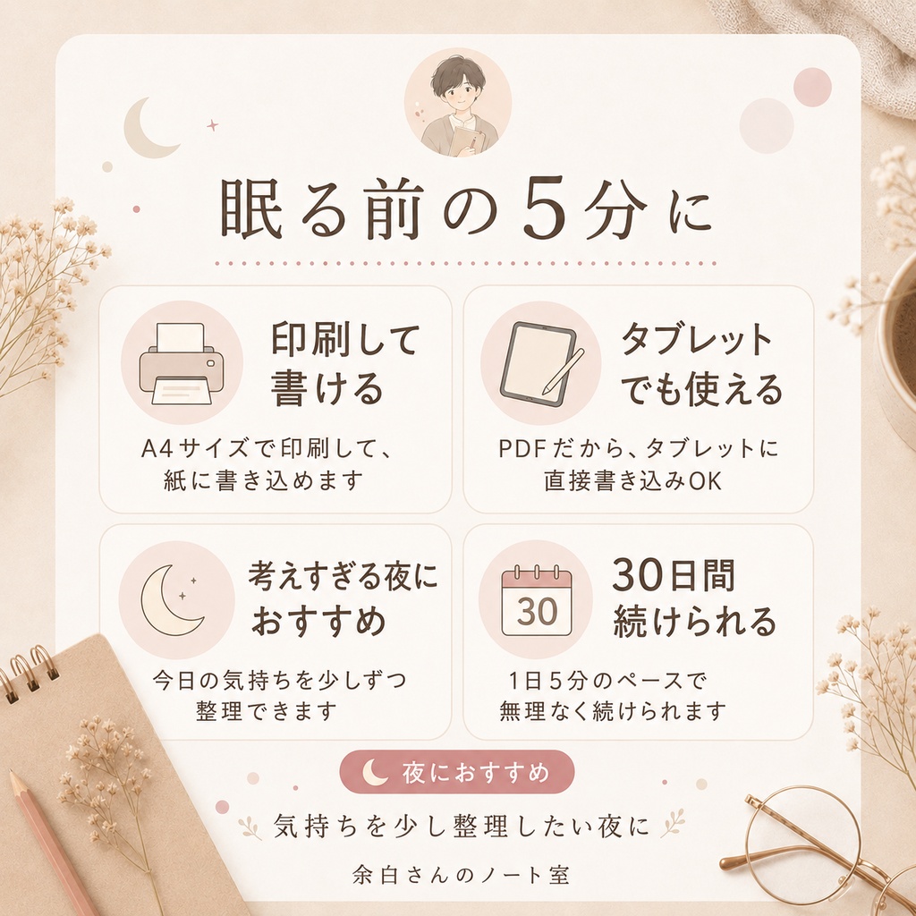 モヤモヤを書き出す夜のノート|眠る前に心を軽くするPDFワークブック