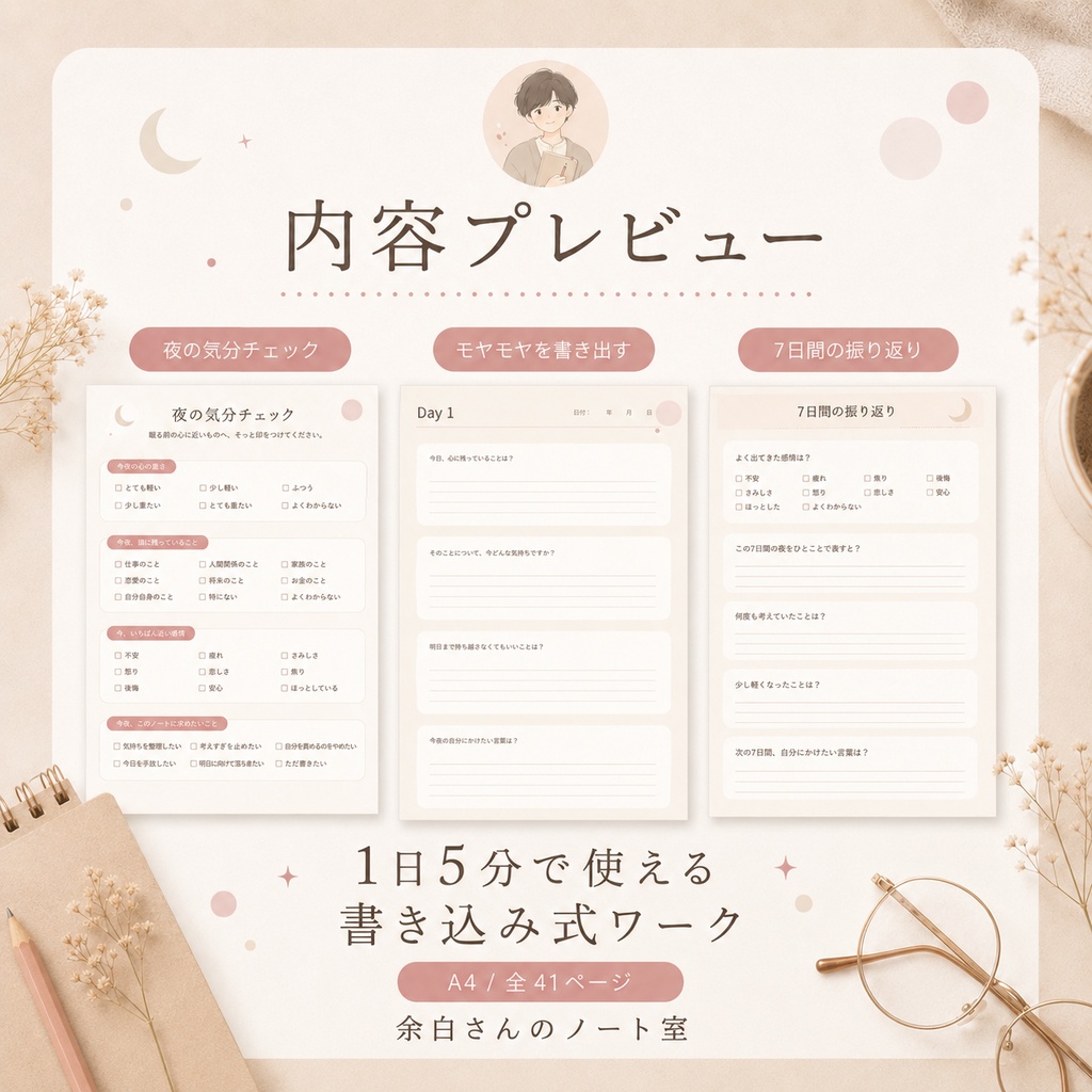 モヤモヤを書き出す夜のノート|眠る前に心を軽くするPDFワークブック
