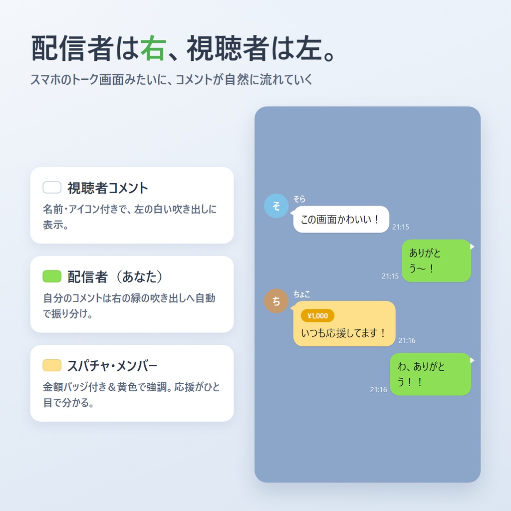 トークアプリ風コメント枠「Talk!」|わんコメ対応・配信者は右/視聴者は左のチャット風テンプレ【透過対応・色変更OK】