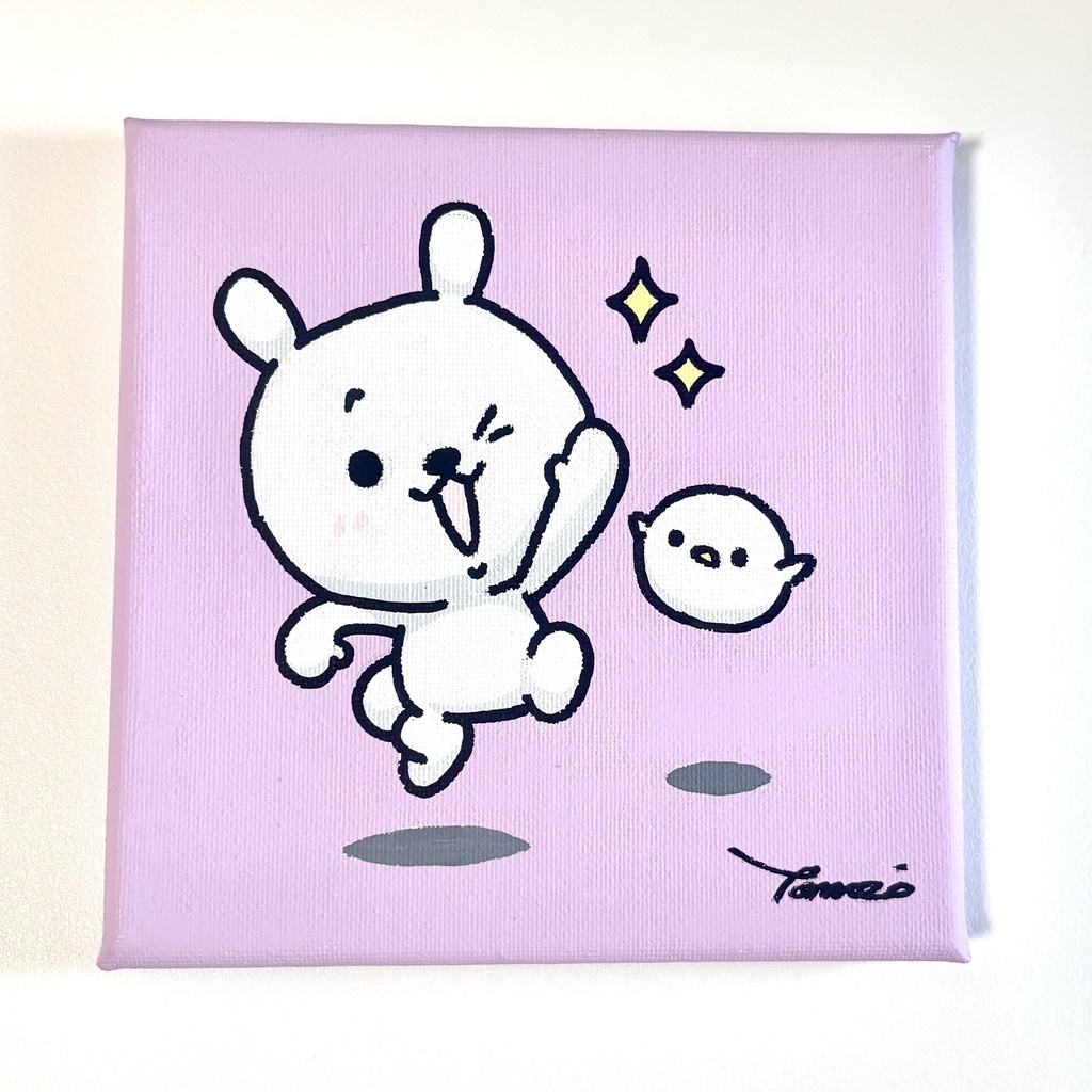 ひねくれうさぎキャンバス原画「とりさんとジャンプ」