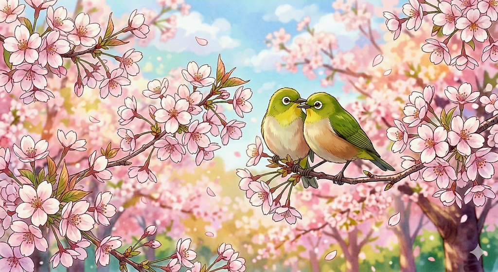 【動くスマホ壁紙シリーズ】春告げる桜とメジロのアニメーション