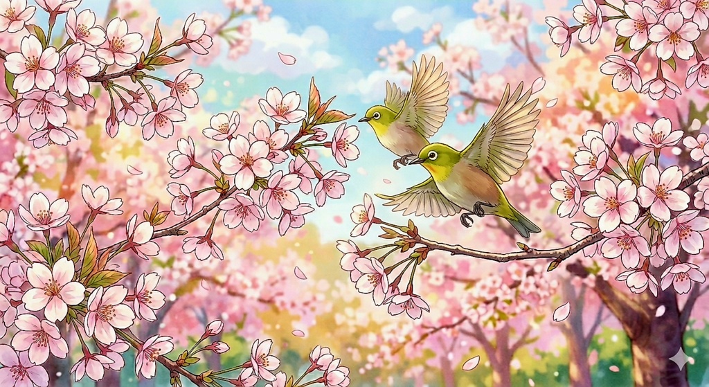 【動くスマホ壁紙シリーズ】春告げる桜とメジロのアニメーション