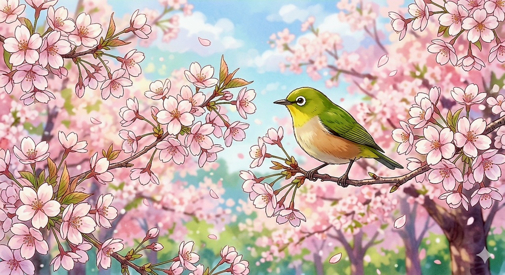 【動くスマホ壁紙シリーズ】春告げる桜とメジロのアニメーション