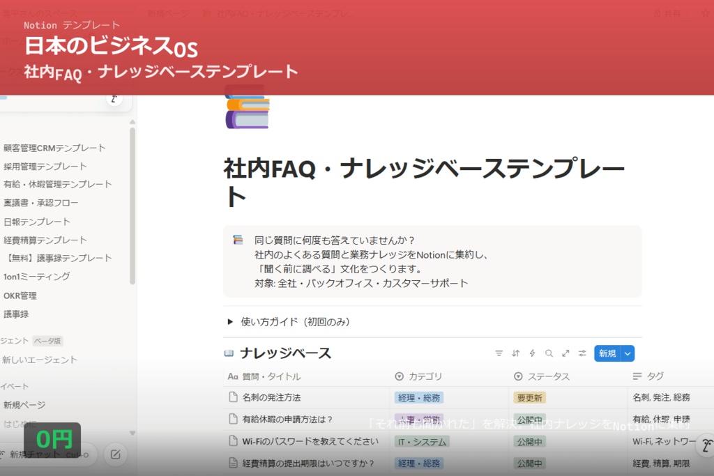 【Notion】社内FAQ・ナレッジベーステンプレート|無料配布|「それ前も聞かれた」を解決
