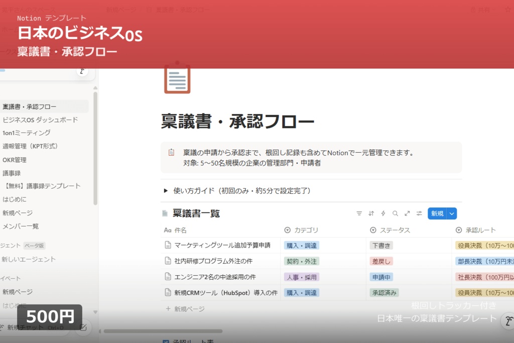【Notion】稟議書テンプレート|根回しトラッカー付き|承認フローを可視化する唯一のNotionテンプレート