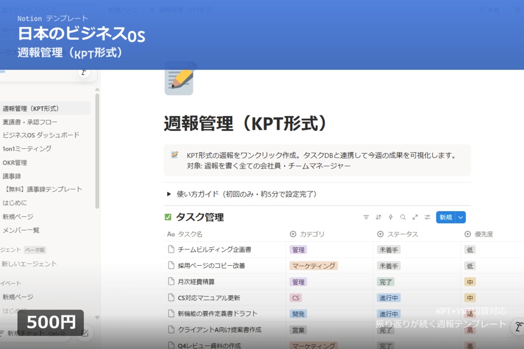 【Notion】週報テンプレート|KPT・YWTをワンクリック切替|振り返りが習慣になる仕組み