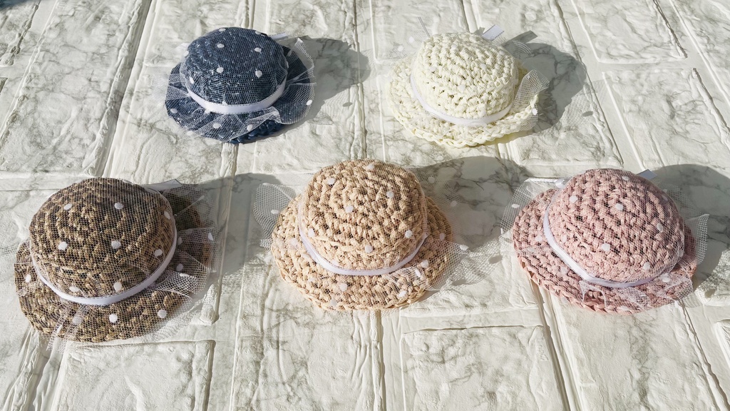 チュール×麦わら帽子 (白チュール×白リボン)