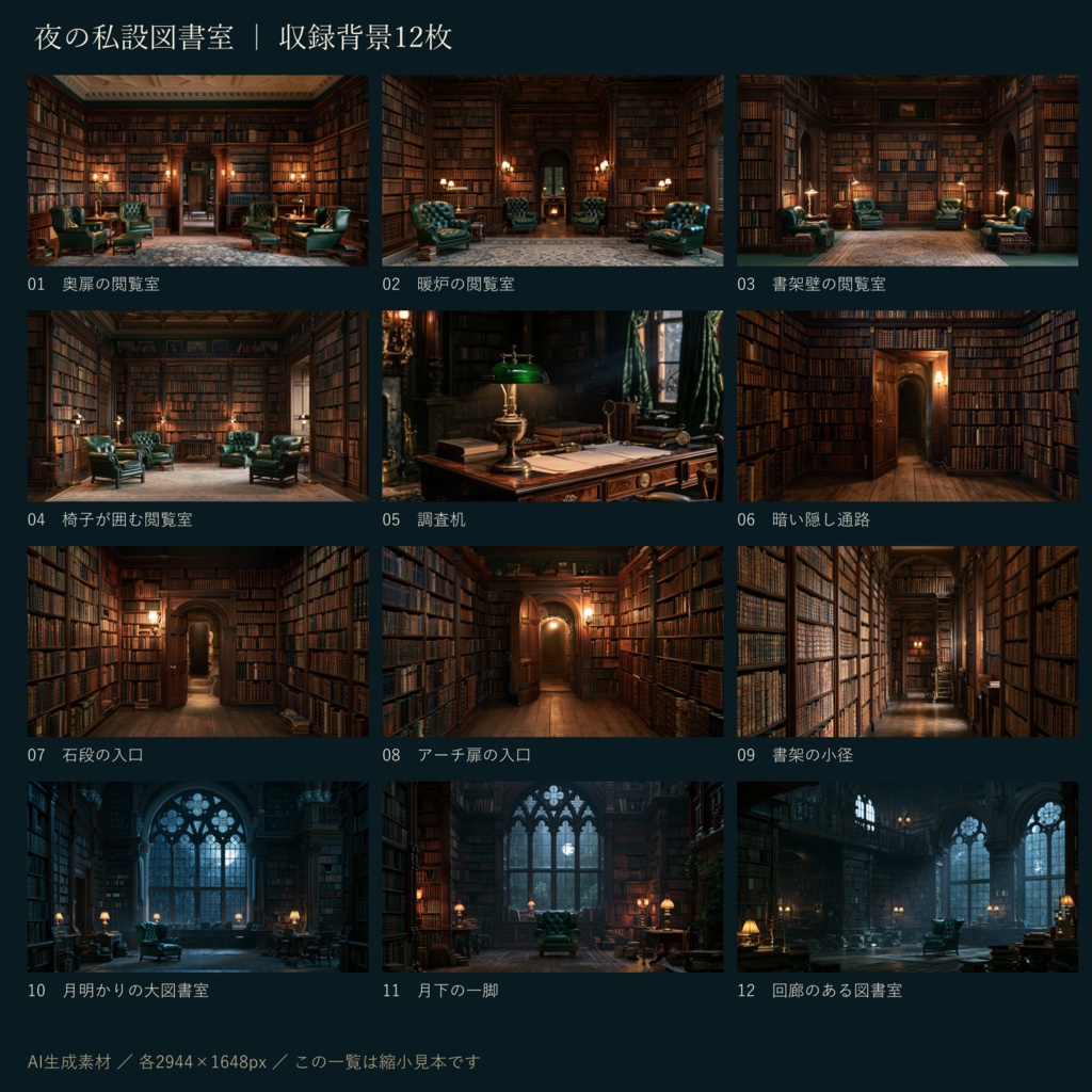 夜の私設図書室|TRPG背景素材12枚セット