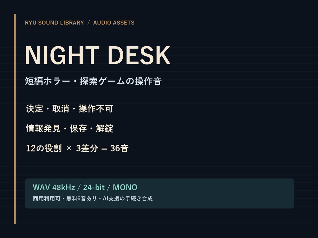 NightDesk UI｜短編ホラー・探索ゲームの操作音36種【無料6音／WAV】