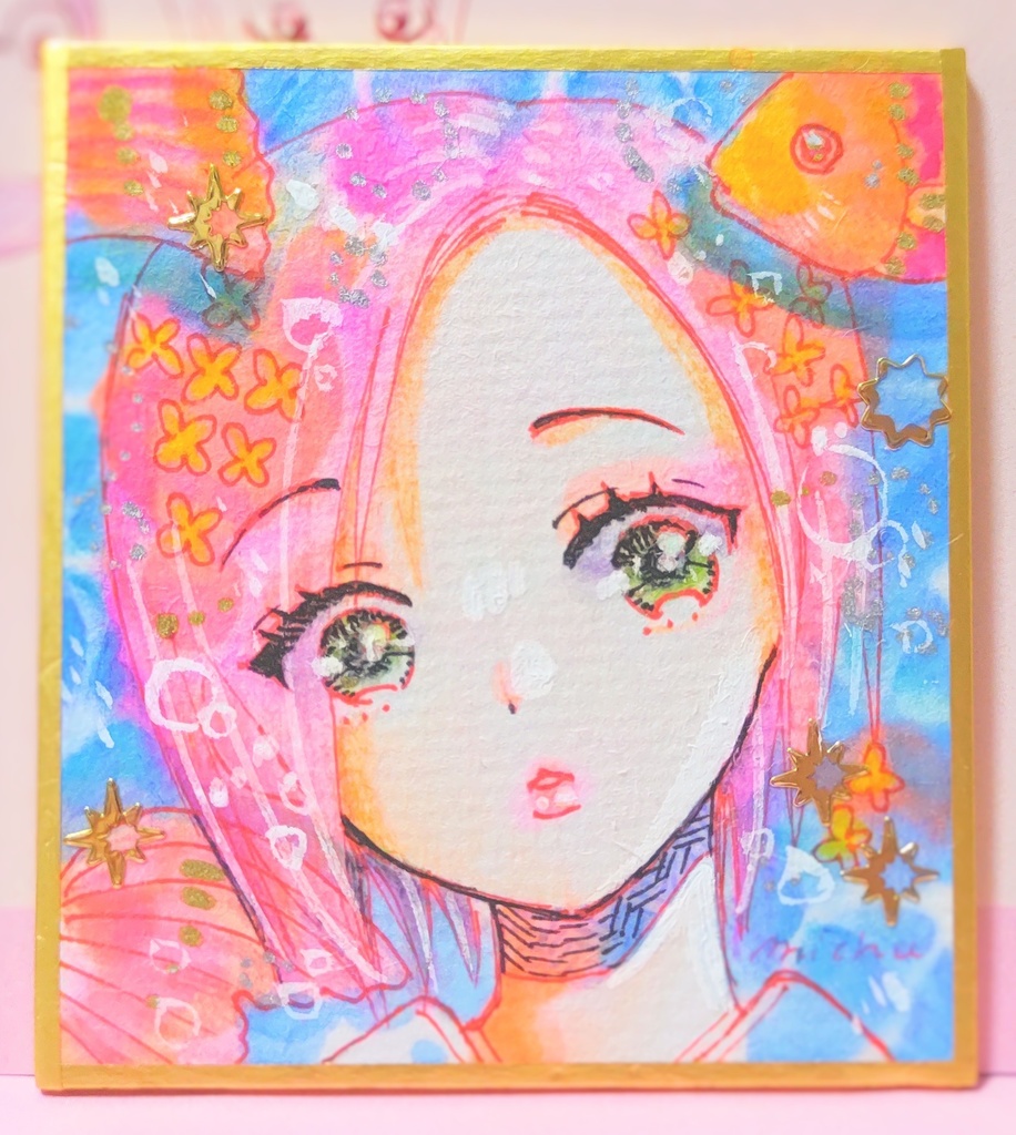 水彩画 オリジナル手描きイラスト 女の子 朱と黒 - その他